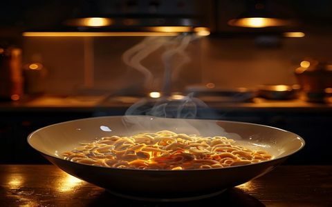 深夜厨房昏黄灯光下一碗热腾腾的泡面番肉的特写，橙红汤色映照在白瓷碗上，宵夜氛围感十足